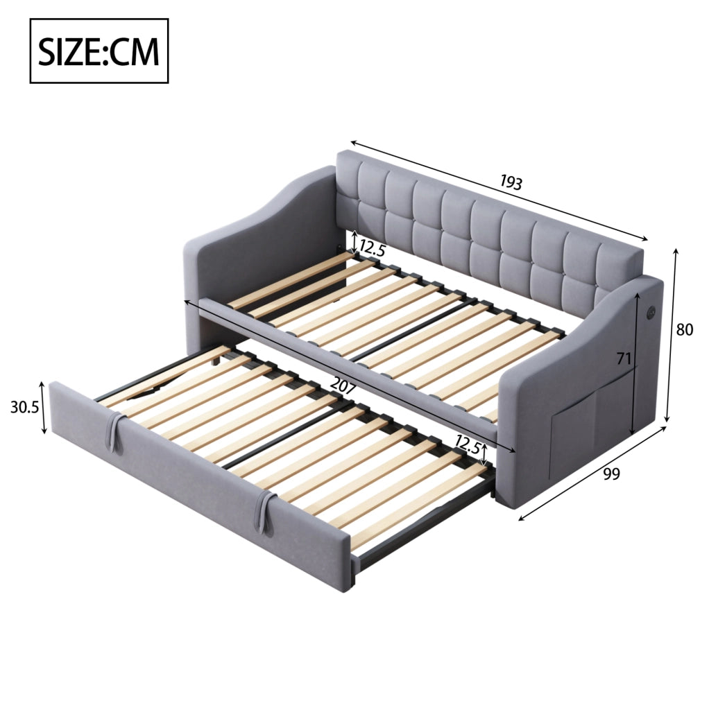 Letto imbottito estraibile 90x190 cm grigio con porte USB