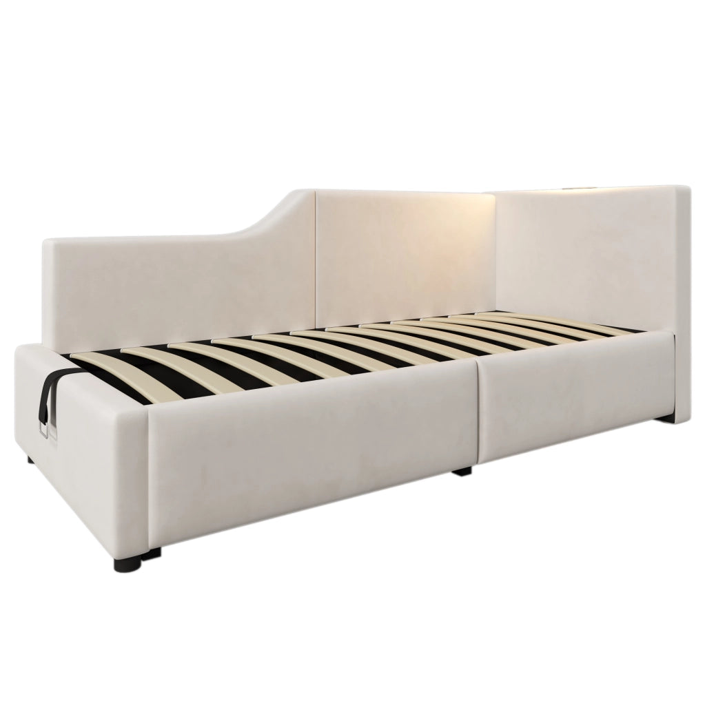 Letto da giorno 90x200 cm con contenitore idraulico, USB-C e lampada beige