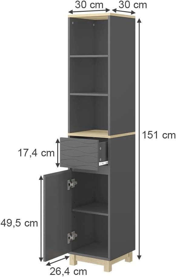 Mobili per il bagno Livia, Antracite, 30 x 151.5 cm con cassetto