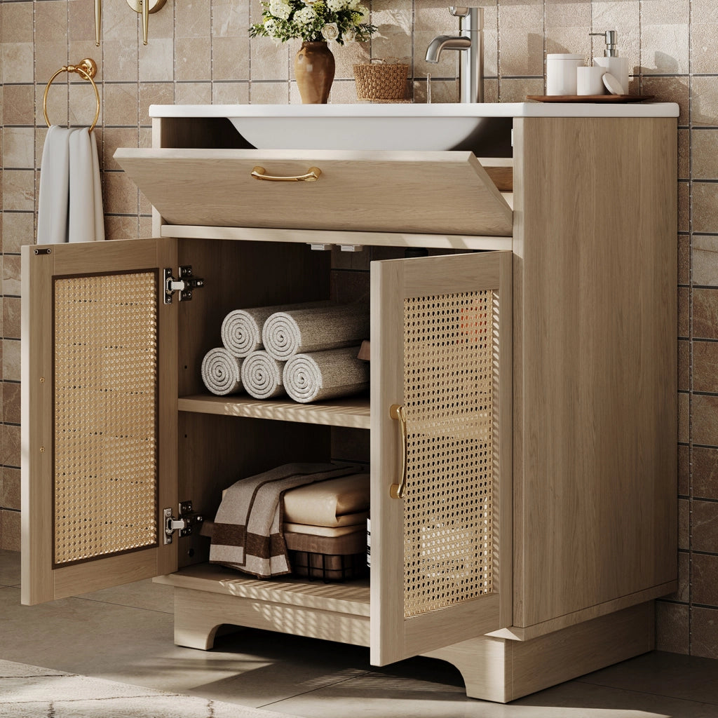 Mobile Sottolavabo con Lavabo in Ceramica ¨C MINIMAL ¨C Naturale, Ante Soft-Close, Cassetto, 76x46x88