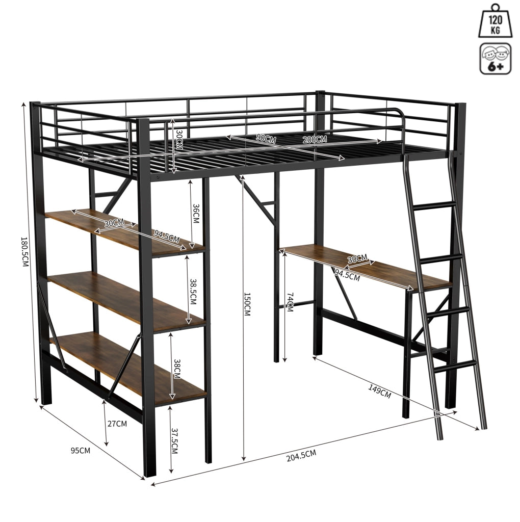 Letto a soppalco 90x200 cm nero con scrivania e 3 ripiani