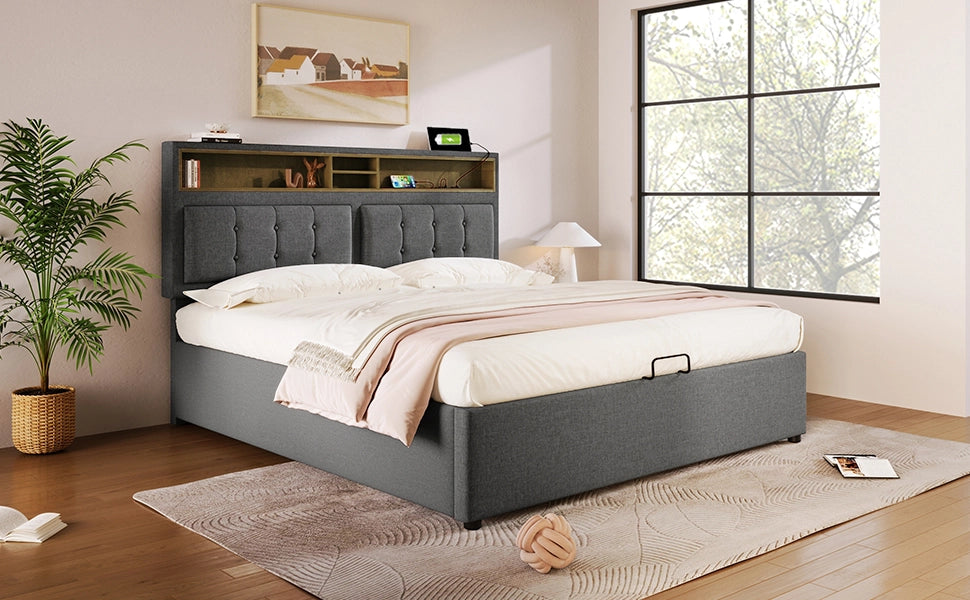 Letto matrimoniale – 160x200 cm – USBC contenitore – lino grigio
