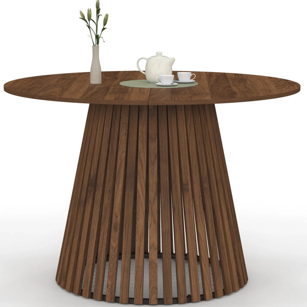 IDMarket - Tavolo da pranzo rotondo CARMEN per 6 persone con gambe a doghe in noce e piano in noce da 110 cm