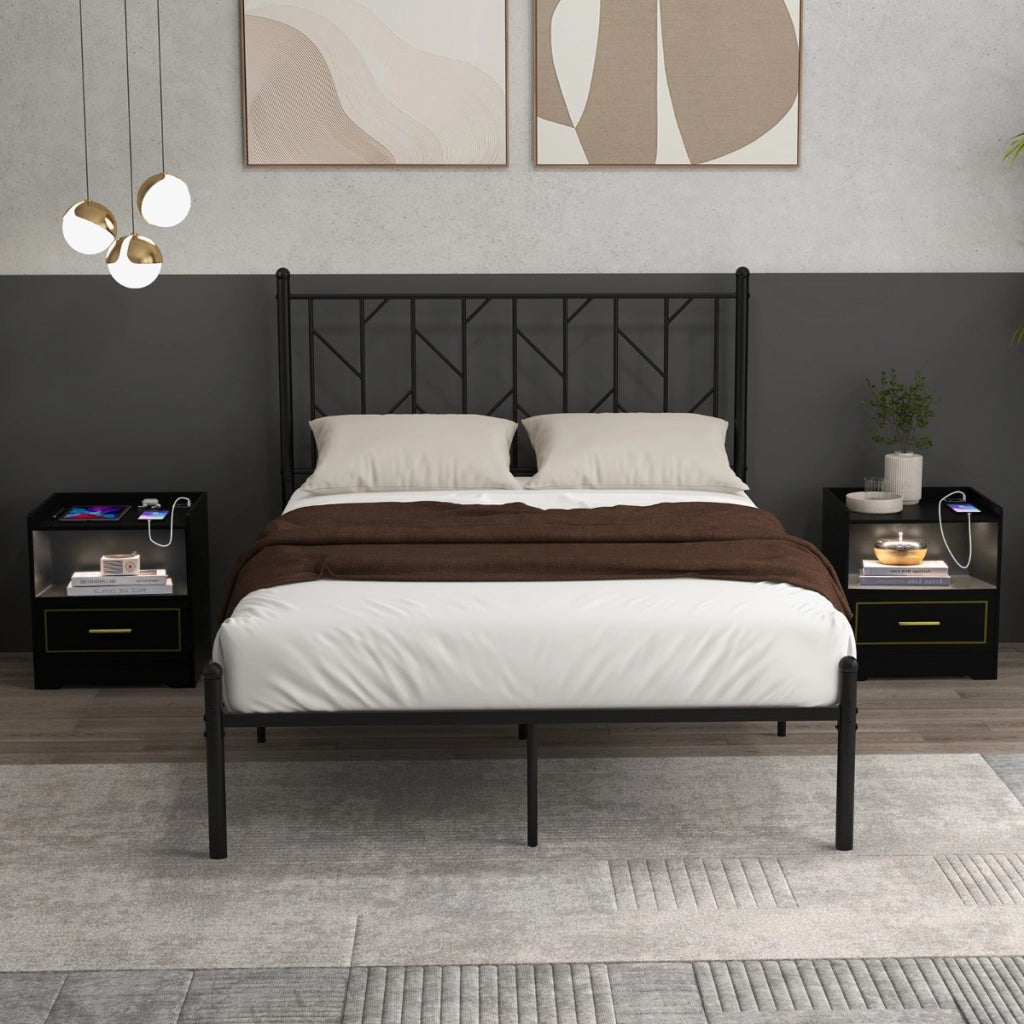 Set di 2 comodini a LED con 2 porte USB ripiano aperto e cassetto, Tavolini vintagi da divano Nero-Comodini