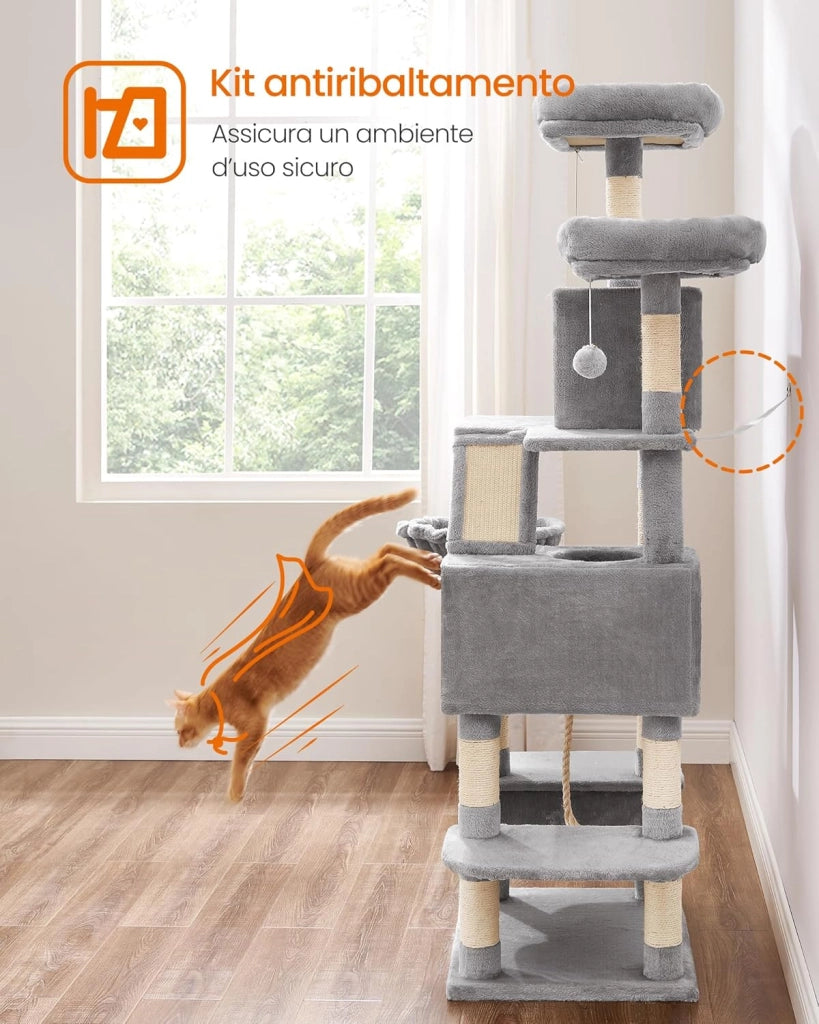 Feandrea Albero per Gatti, Alto 168 cm, Tiragraffi per Gatti con 13 Graffiatoi, 2 Posatoi, 2 Grotte, Cesto, Amaca, Pompon, in Peluche a Più Livelli per Interno, Grigio Chiaro PCT165W01V1