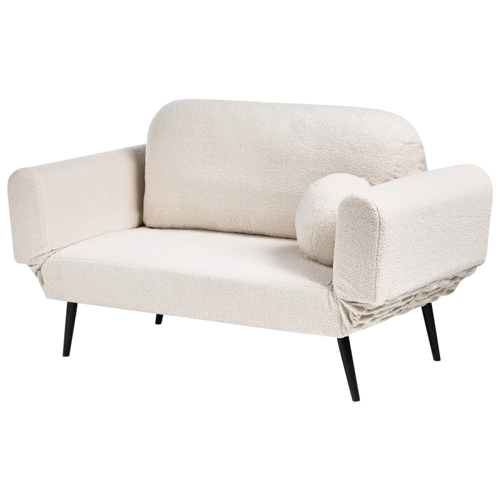 Divano letto con funzione letto cuscino rotondo rivestimento in bouclé gambe in ferro per soggiorno o camera da letto color bianco sporco