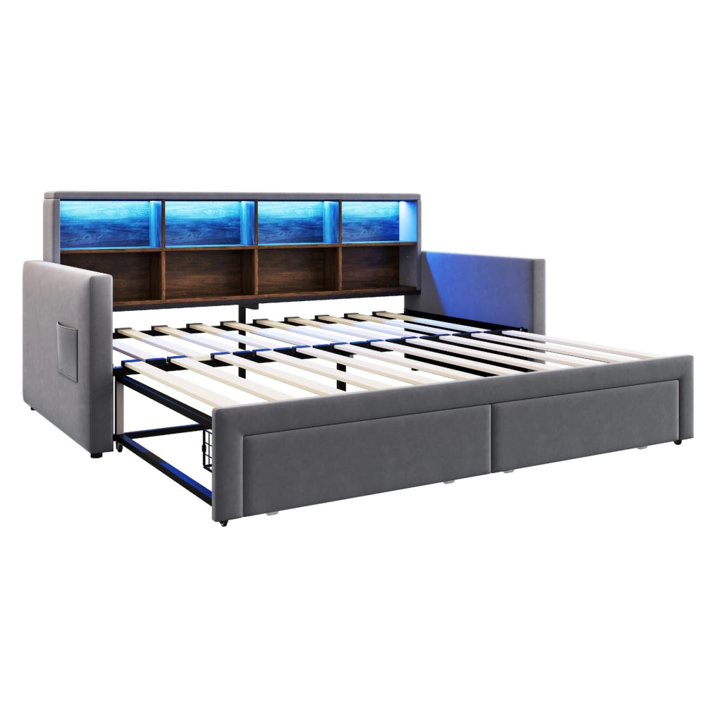 Letto imbottito estraibile 90 x 190 cm con LED, prese e cassetti