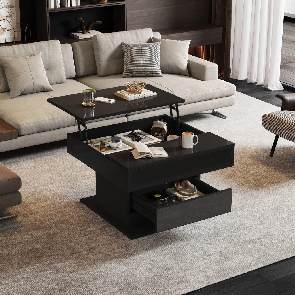 Tavolino da caffè con 1 cassetto; piano alzabile e rotante - per soggiorno - in truciolare - 70x70x45 cm - nero