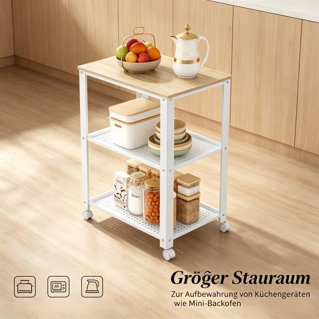 Scaffale con ripiani e ruote per cucina, metallo e legno, bianco e rovere chiaro 60×40×76 cm