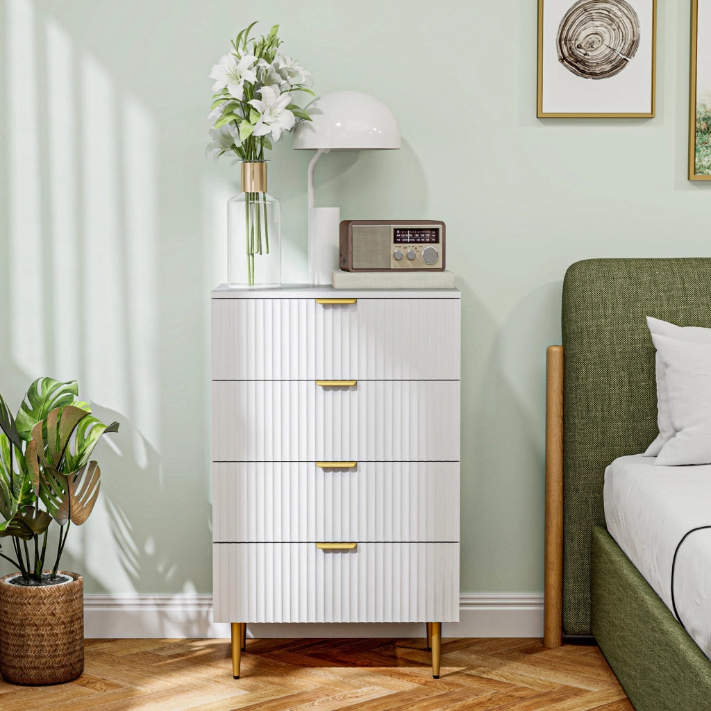 Cassettiera 4 Cassetti Moderna con Maniglie Dorate 60x40x96 cm Bianco