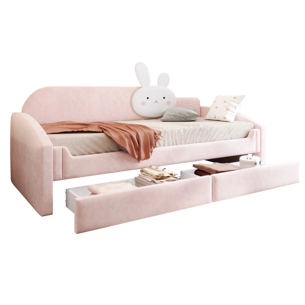 Letto a Divanetto 90x200 cm; Letto per Bambini - 2 Cassetti; LED; in Velluto; Rosa