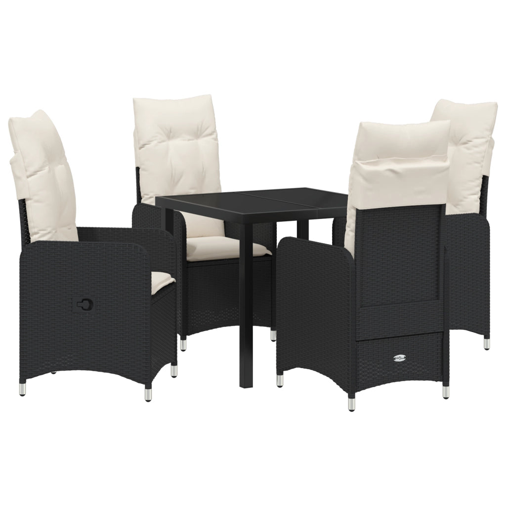 Set da pranzo da giardino 5 pezzi con cuscini neri in polyrattan
