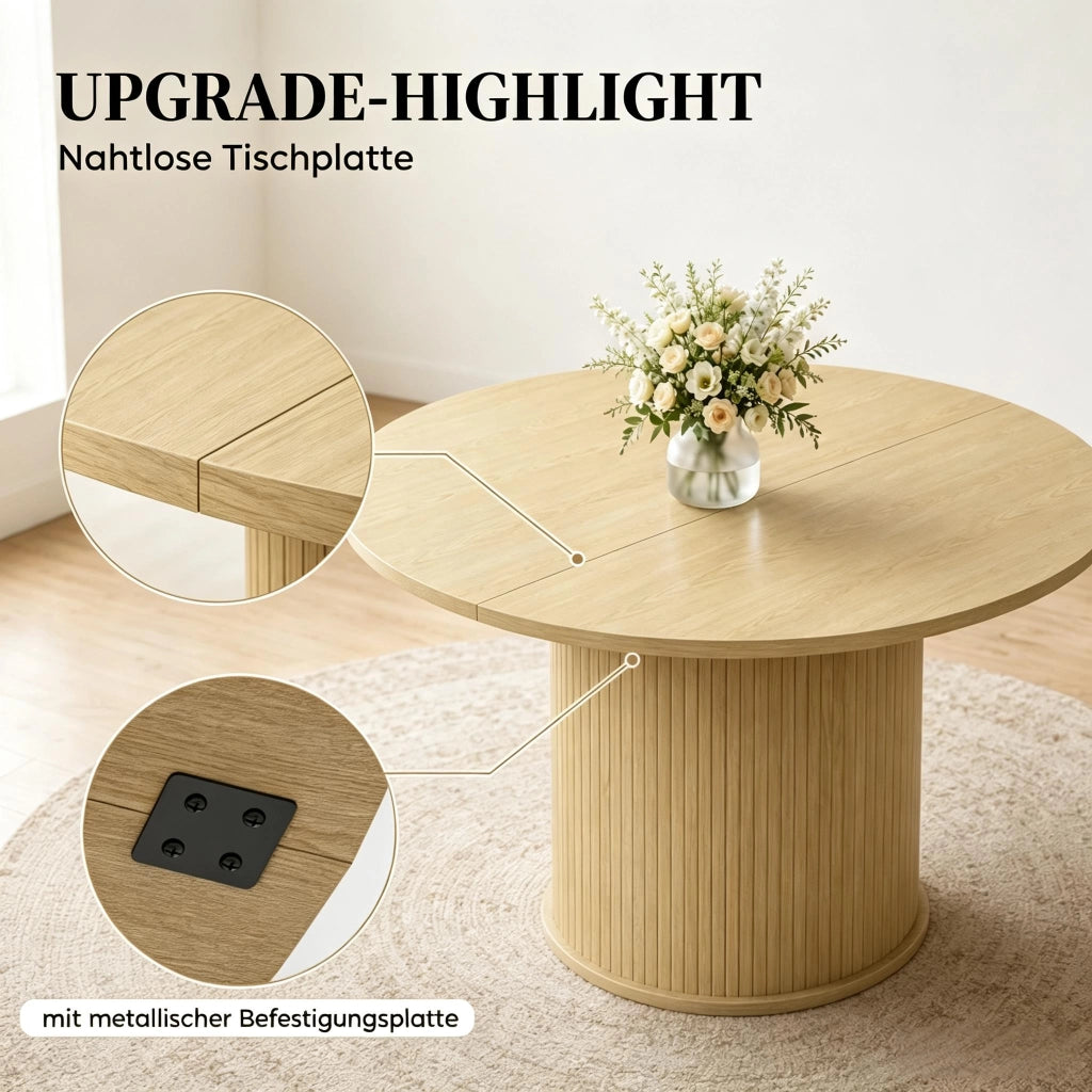 Tavolo da pranzo - rotondo per 4-6 persone - Ø120x75 cm - base cilindrica scanalata - effetto legno naturale