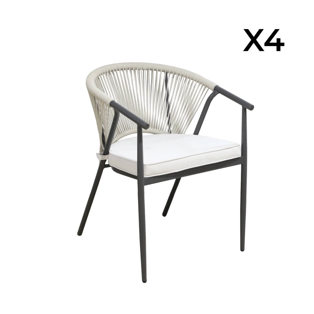 Set 4 sedie da giardino impilabili in acciaio e corde, beige