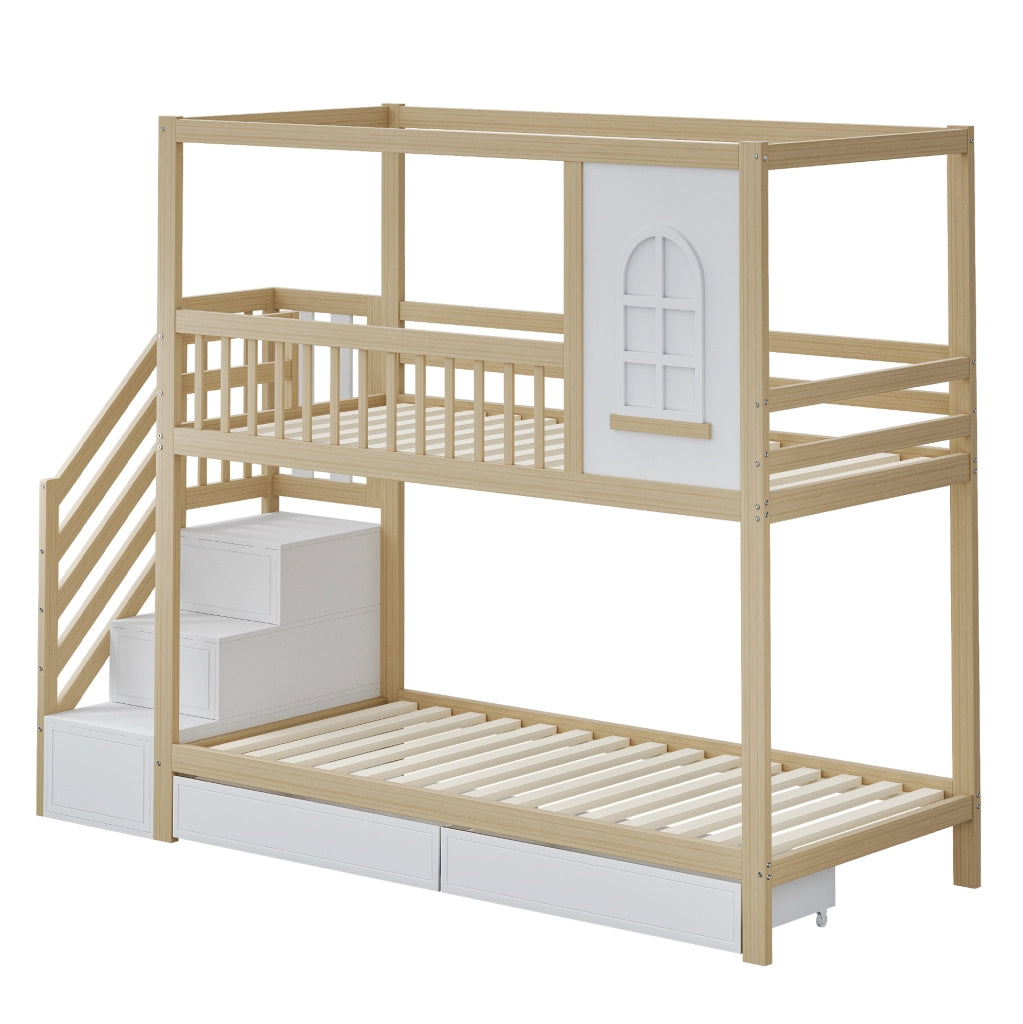 Letto a castello 90 x 200 cm in legno con cassetti e scala