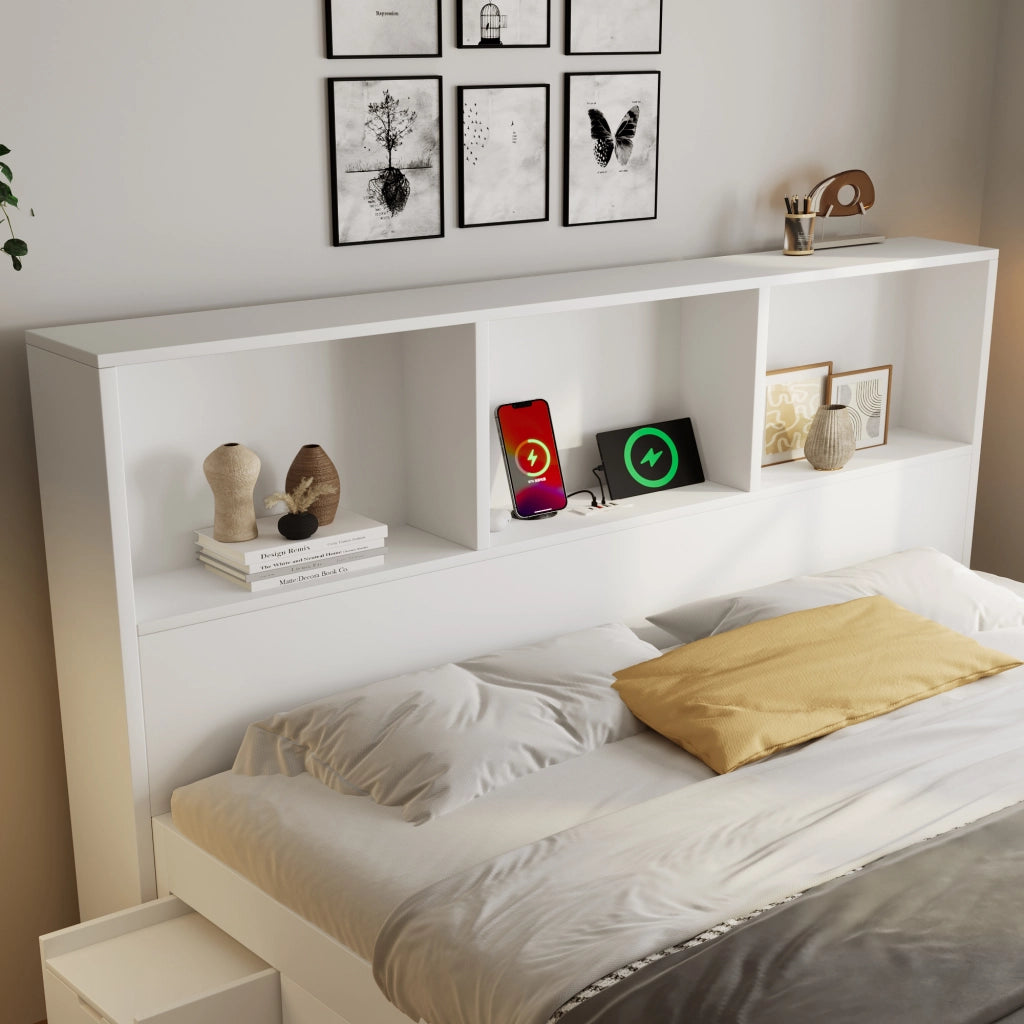 DESMIU Letto Matrimoniale 140 × 190 cm con 2 comodini mobili, LED, USB e Type-C, senza materasso, bianco