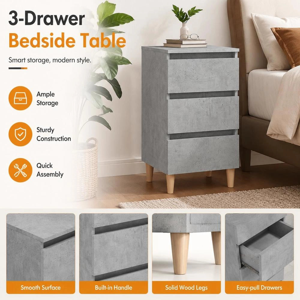 Nightstand With Solid Wood Legs, Concrete Grey, 40x35x69 Cm