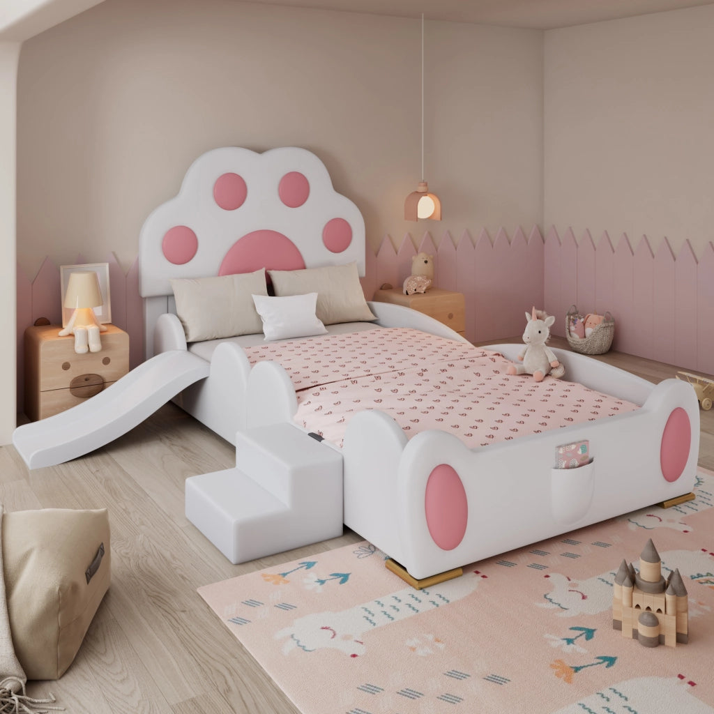 OKWISH Letto Bambini Singolo 90×200 cm con Scivolo, Scala a 2 Gradini e Tasca Portaoggetti, senza Materasso, in PU, Bianco e Rosa