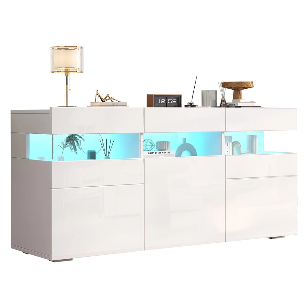 Credenza Soggiorno 140x40.5x66.5cm - Xylo - 3 Ante Lucide con LED, 7 Scomparti, Bianco