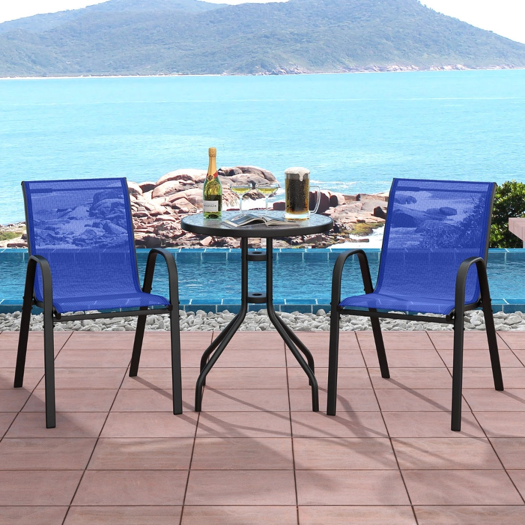 Set bistrot da esterno 3 pezzi, Tavolino rotondo con 2 sedie impilabili piano tavolo in vetro temperato Blu-Set mobili da esterno