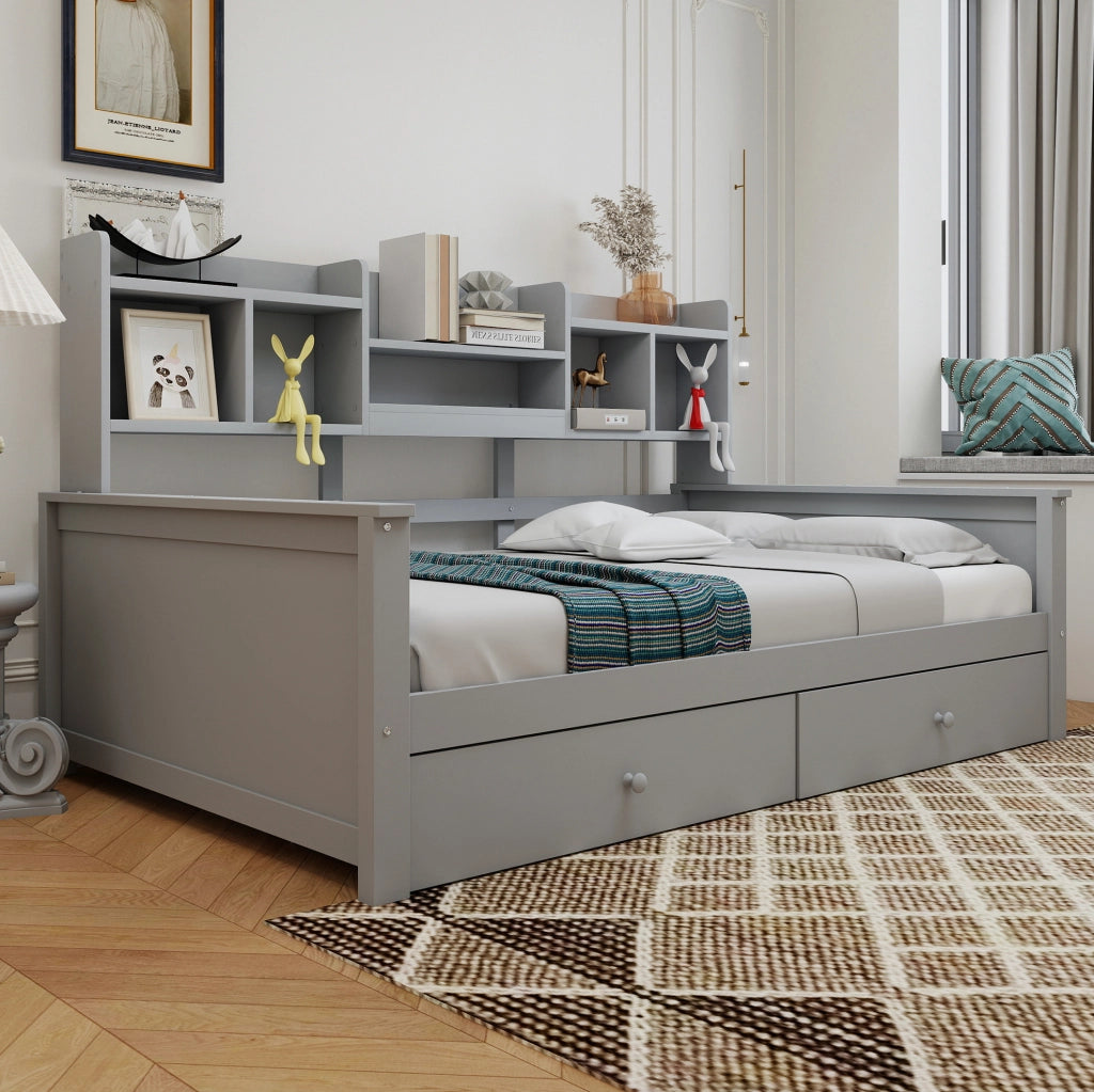 Divano letto 90x200 cm con 2 cassetti e vani portaoggetti; grigio