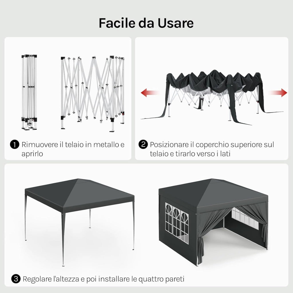 Gazebo da Giardino Richiudibile 3x3m Gazebo da Esterno Ferro Regolabile in Altezza Tendone Pieghevole con Telo Idrorepellente, Protezione Solare, Facile Montare Antracite