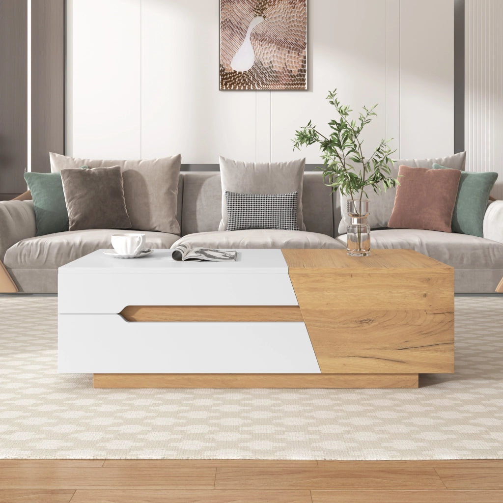 TAVOLINO DA SALOTTO Scorrevole 120x50x37,5 cm MDF Bianco e Naturale con 2 Cassetti