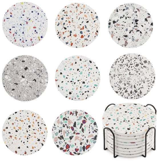 Set di 8 sottopiani con supporto, splendidi assorbenti sottopiani rotondi in ceramica con piedi di gomma per tavolo salotto, tazza, bicchiere, bottiglia di vino, casa e bar (stile marmo)