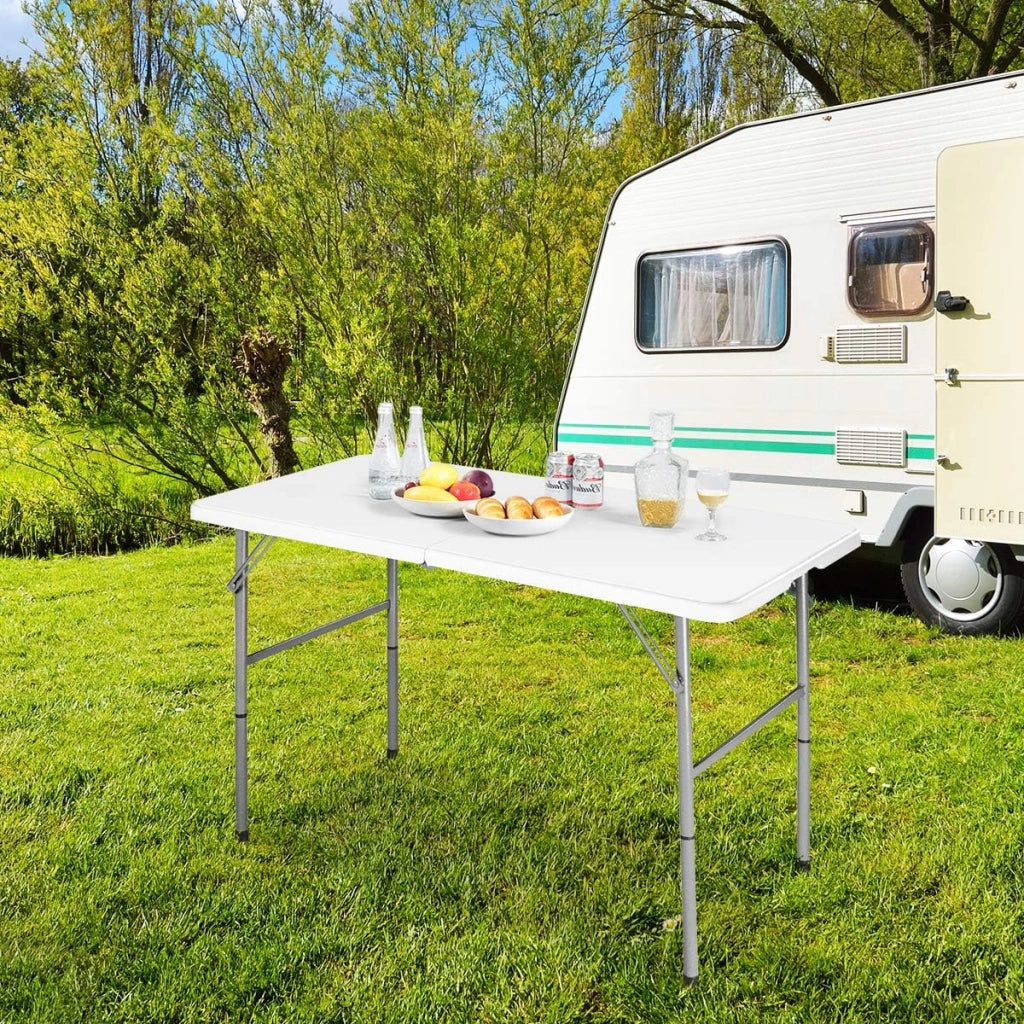 Tavolo da Campeggio Pieghevole, Tavolo da Giardino Portabile con Maniglia di Trasporto e Telaio in Acciaio, Regolabile in Altezza a 3 Posizioni, Portata di 150kg, 122x61x46/60/74cm, Bianco