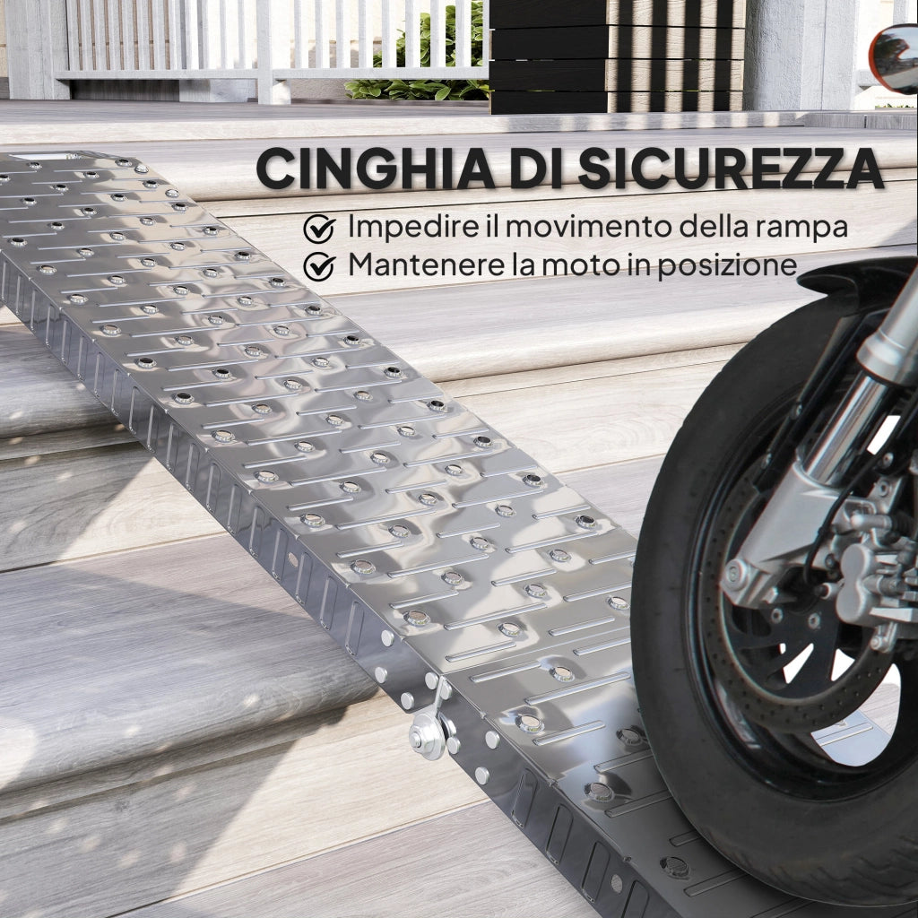 Rampa di Carico Pieghevole e Antiscivolo per Moto con Cinghia di Sicurezza, Acciaio, Argento