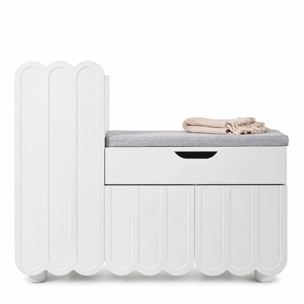 Scarpiera a 3 ante con cassetto e seduta imbottita 90x35x74;5 cm; bianco in MDF