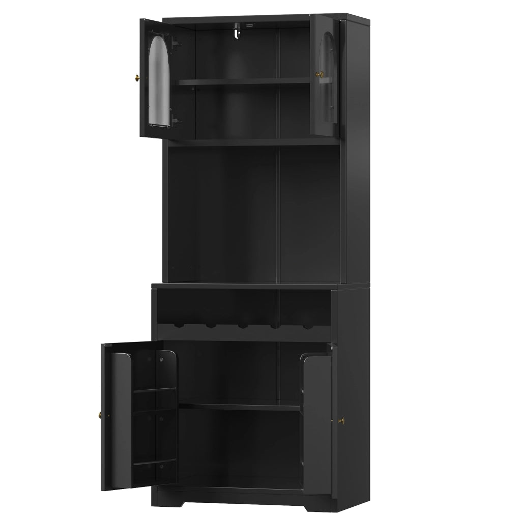 Credenza alta 70x38.3x180 cm con LED RGB; ante in vetro ondulato; ripiani regolabili; nera
