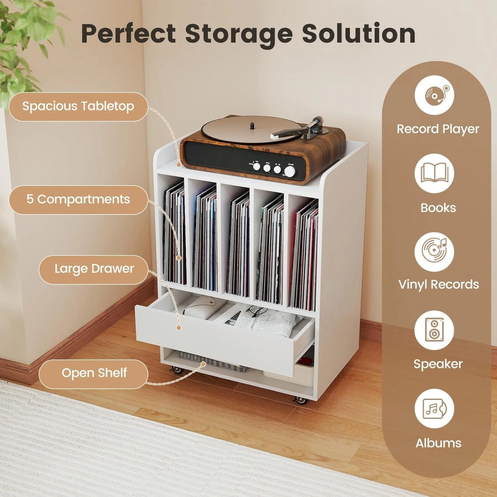 Supporto per Giradischi in Vinile Fino a 180 Album, Mobile Giradischi con Ruote, Mobiletto Portaoggetti con Scomparti Aperti, Cassetto e Ganci per Ufficio, Soggiorno, Studio (Bianco)