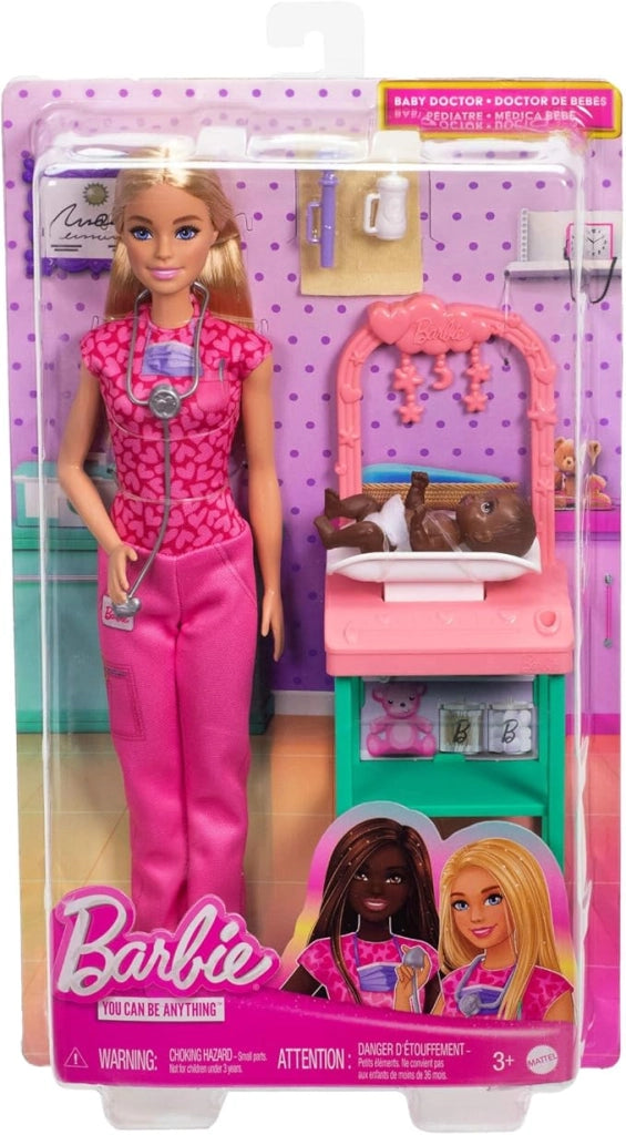 Barbie Carriere - Pediatra, set bambola bionda con divisa da medico rosa e un neonato, stetoscopio, mobili e accessori i
