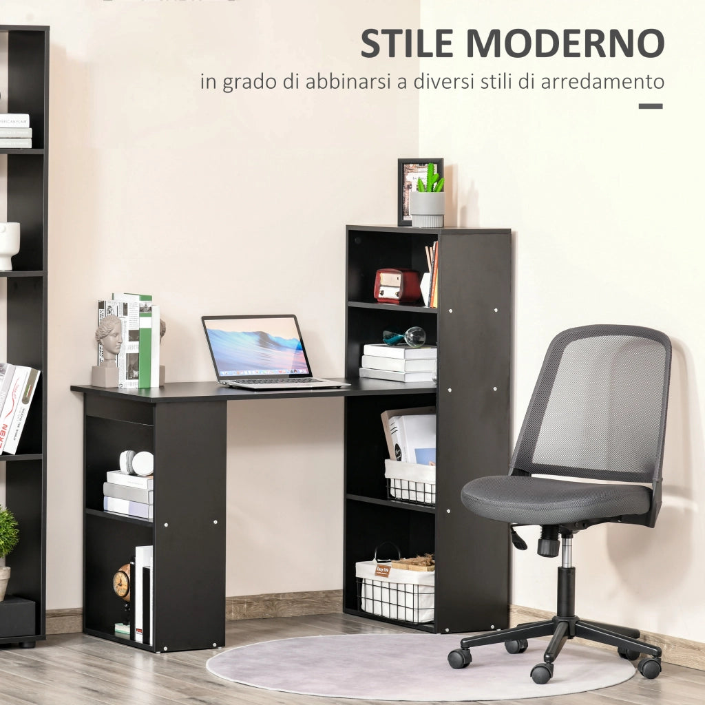 Scrivania PC in Legno con 6 Ripiani Portaoggetti Laterali, 120x55x120 cm, Nero