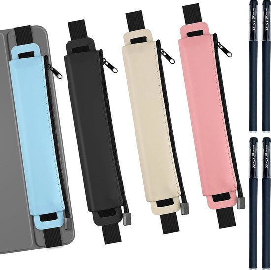Penali per quaderno da 4 pezzi, penne per notebook, planner, elastico, cerniera per libro, colore rossa, blu, nero, kaki, pelle PU con 4 penne per scuola, ufficio, viaggio
