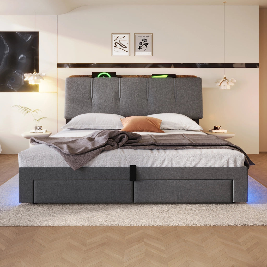 Letto imbottito idraulico con USB LED 140x200 cm colore grigio lino