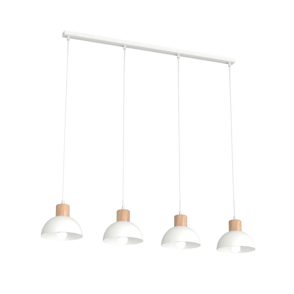 Sospensione Nordica 4 Luci Thoth In Acciaio Bianco A Cupola E Legno Naturale