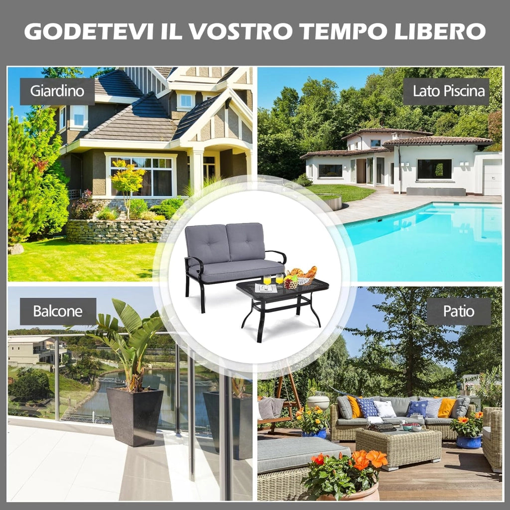 Set Giardino Esterno 2 Pezzi, Panchina da Giardino con Tavolino e Cuscini Imbottiti, Panchina 2 Posti e Tavolino da Esterno Giardino Terrazza Balcone, Facile da Montare