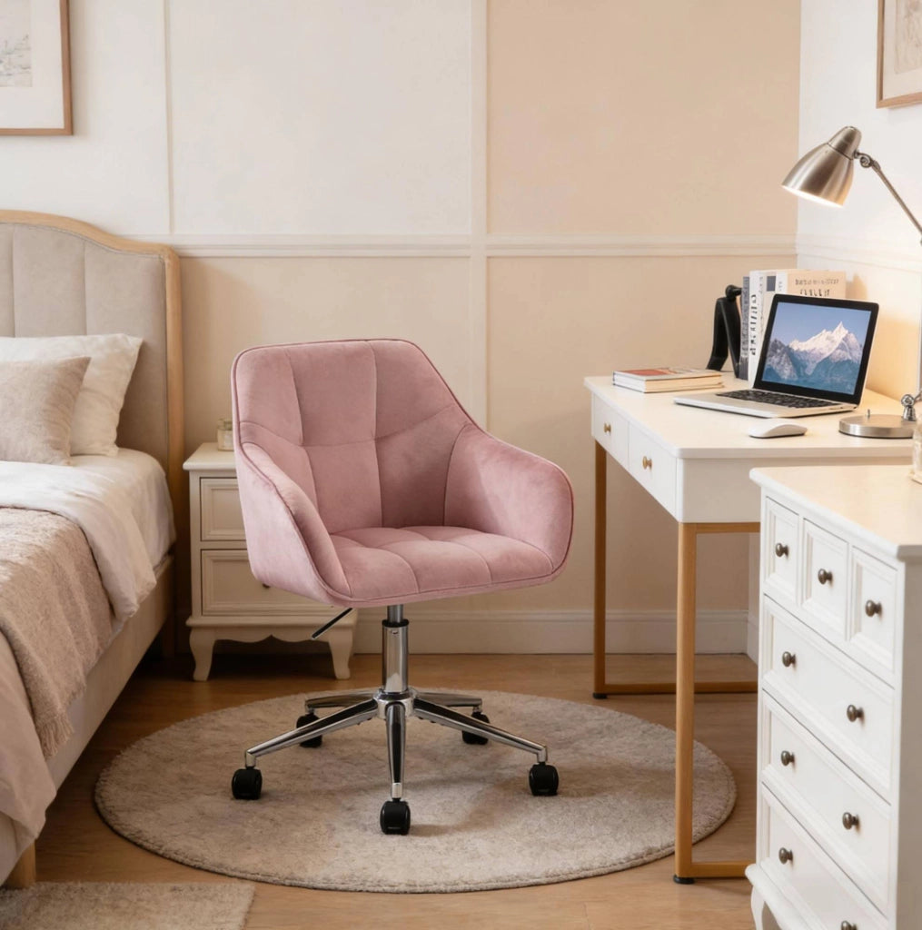 Sedia da ufficio ergonomica in velluto rosa, regolabile e girevole