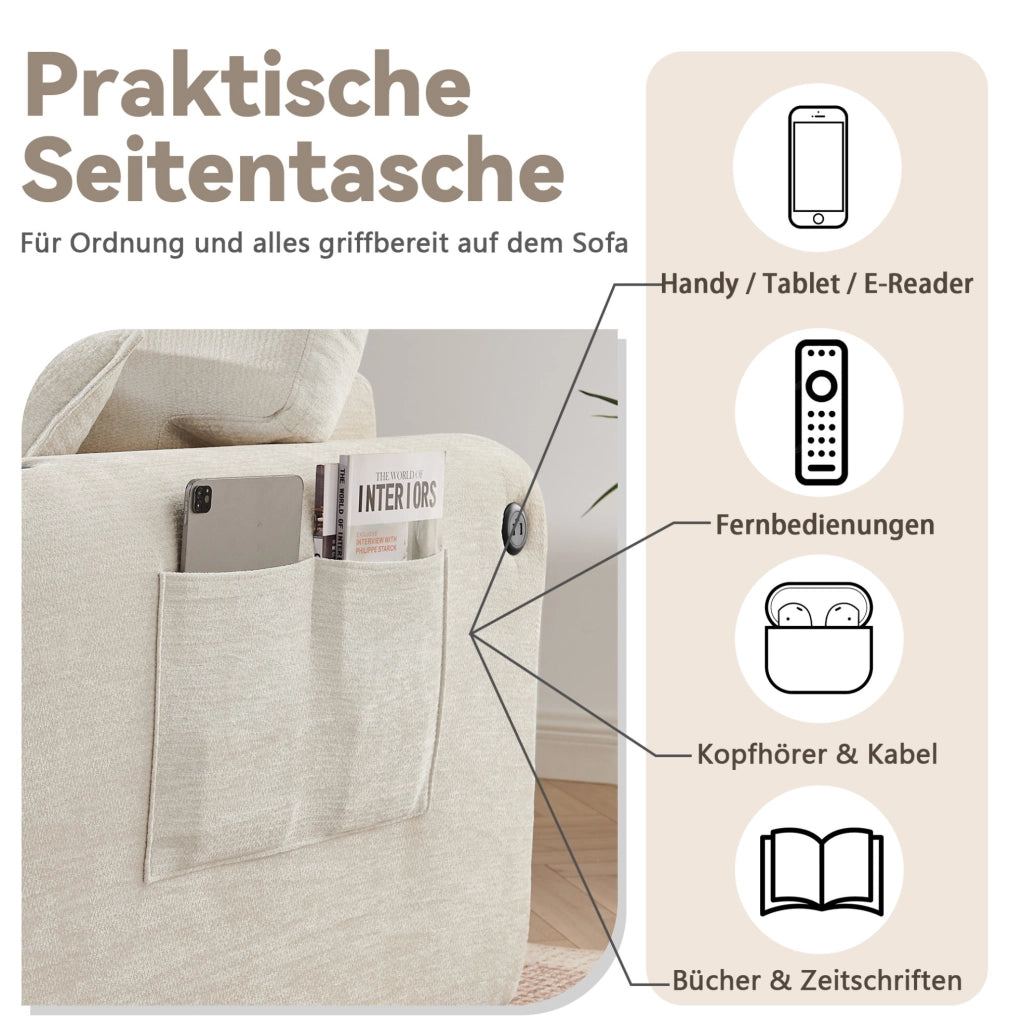 Divano relax 2 posti in ciniglia beige con USB; portabicchieri e tasche