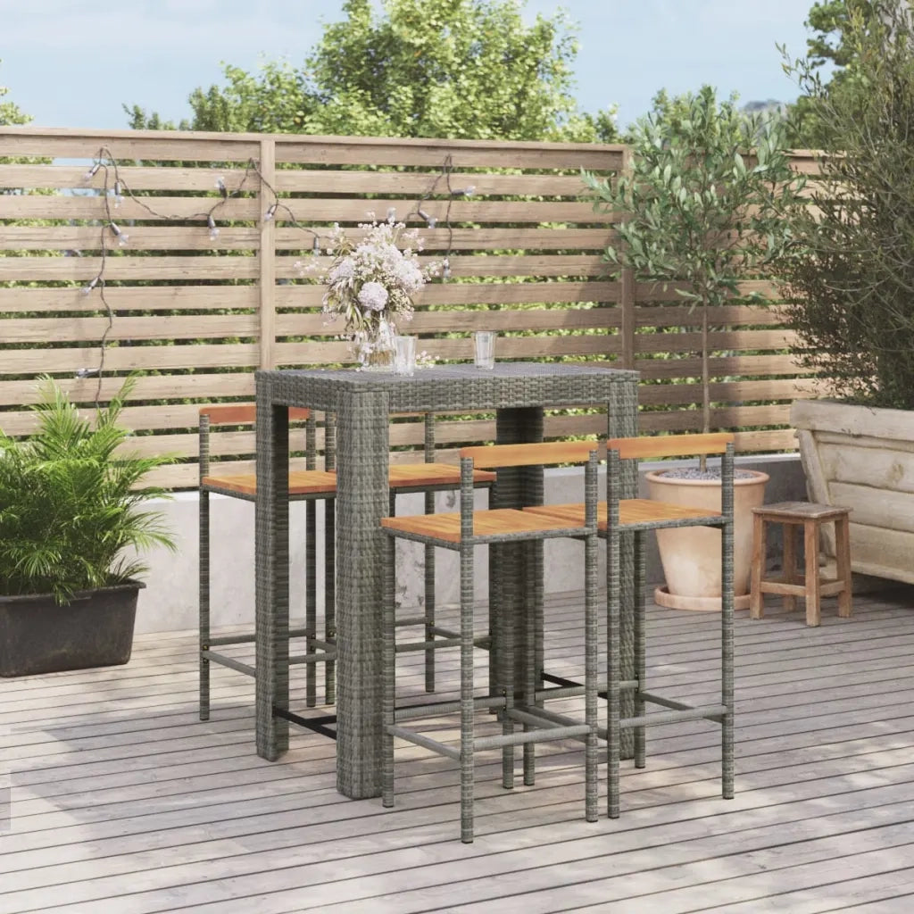 Set Bar Giardino 5pz | Set Salotto da Giardino Grigio Polyrattan e Legno Massello Acacia