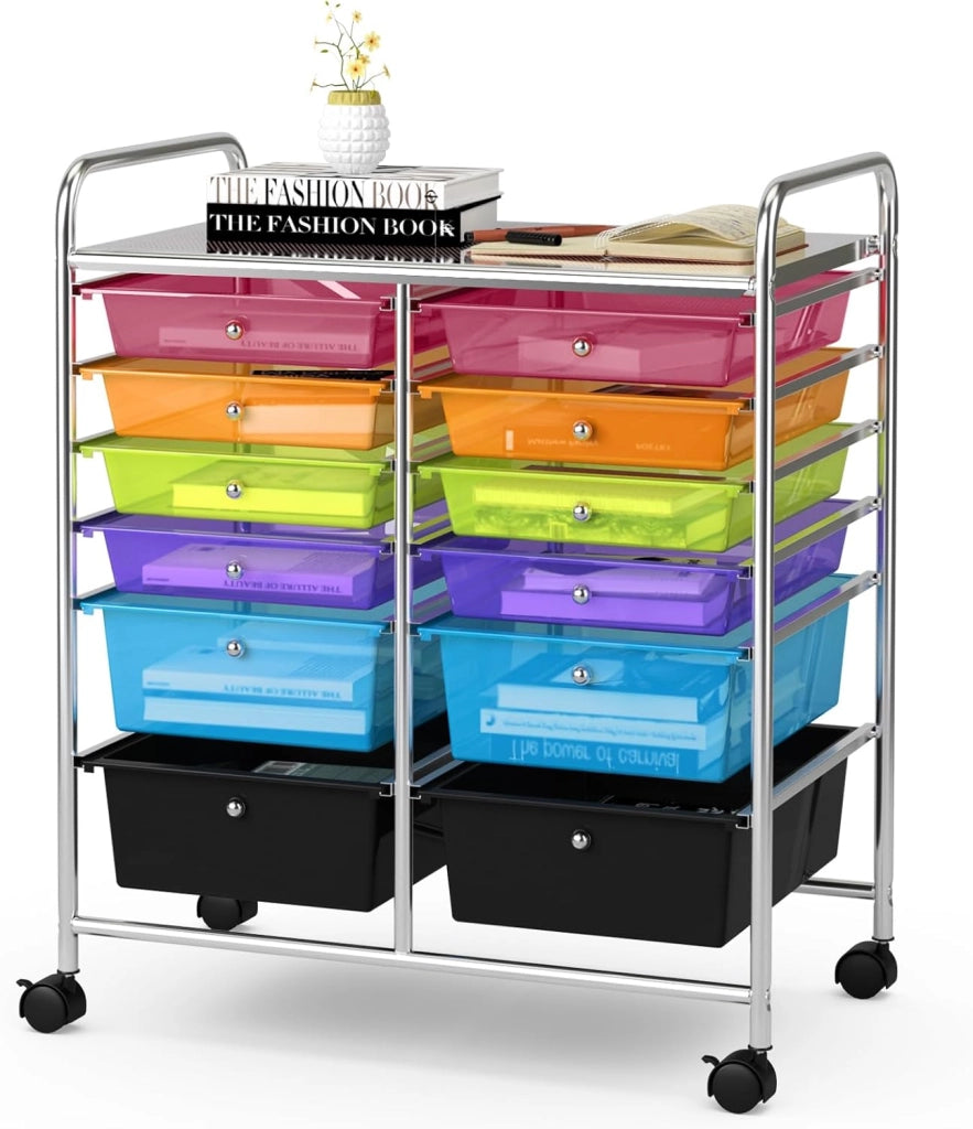 Carrello portaoggetti con ruote, 12 cassetti rimovibili, torre di stoccaggio mobile utility con vassoio e maniglie, carrello a rotelle per soggiorno, ufficio, camera da letto, 64 x 38 x 75 cm