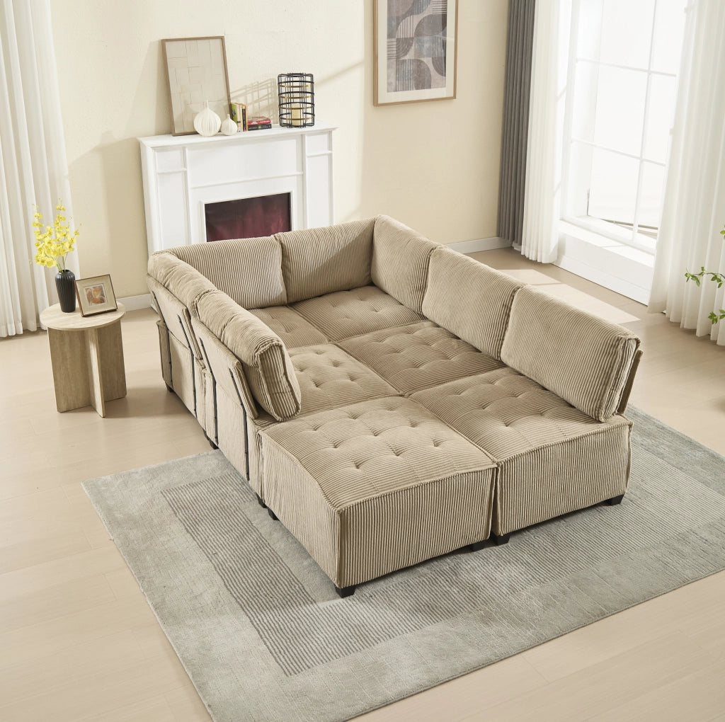 Divano modulare 6 posti 308x154x81.99 cm configurabile in velluto a coste khaki