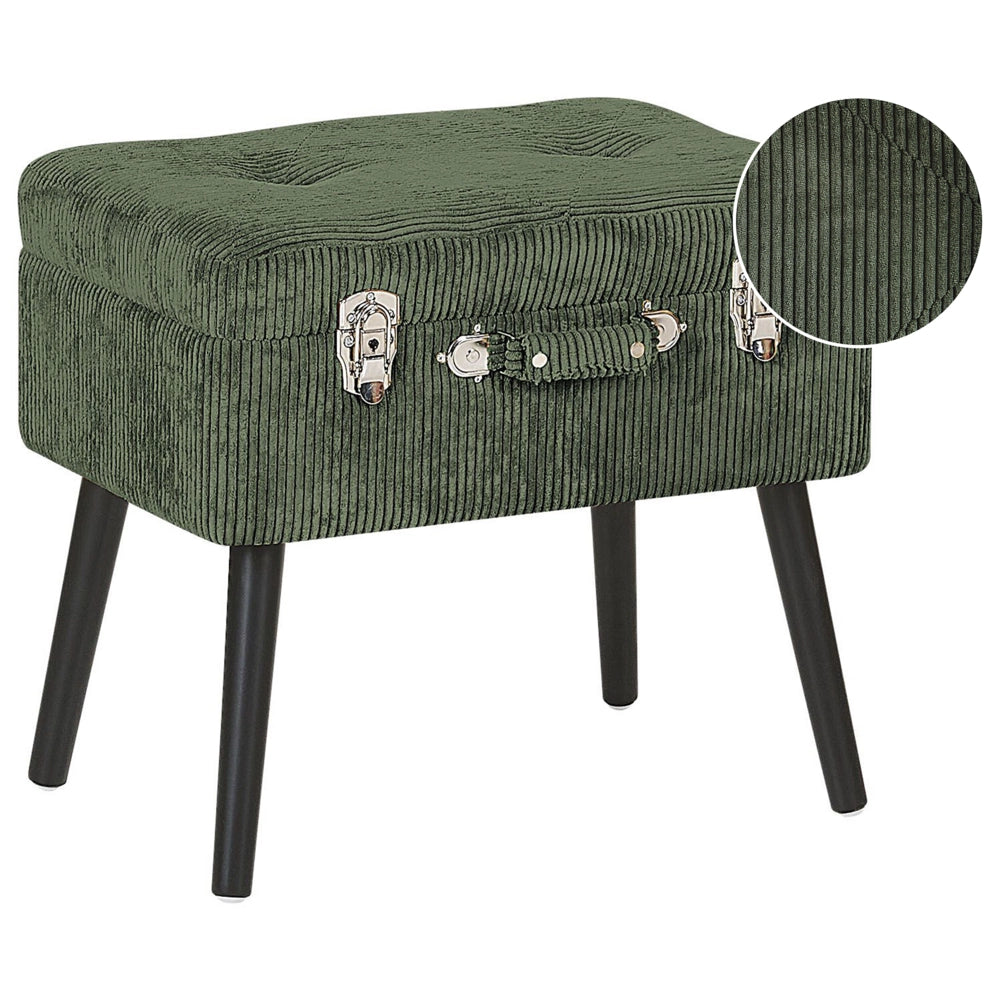 Comodino Sgabello Contenitore gambe nere imbottite in velluto a coste imbottite con design a valigia
