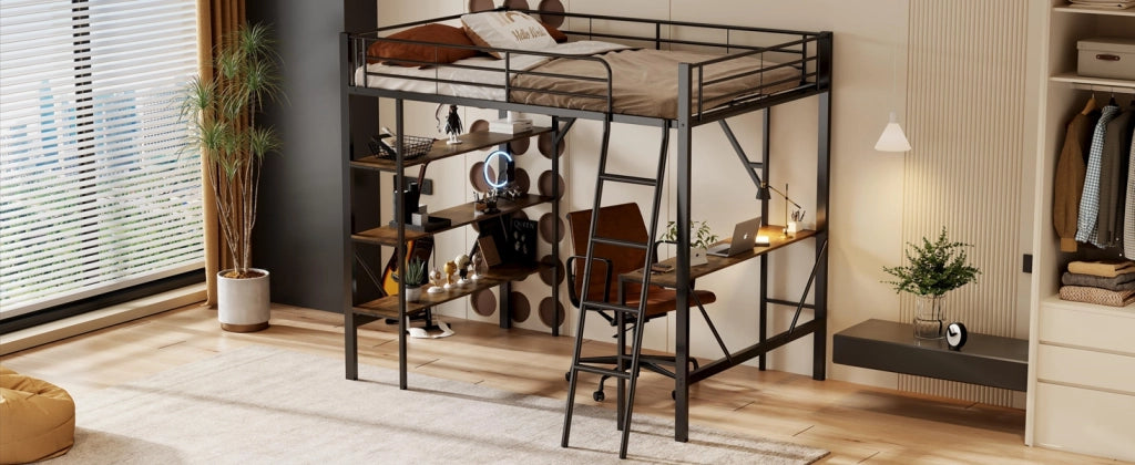 DESMIU Letto a soppalco singolo con scrivania e 3 ripiani, 90 × 200 cm, senza materasso, in metallo, nero