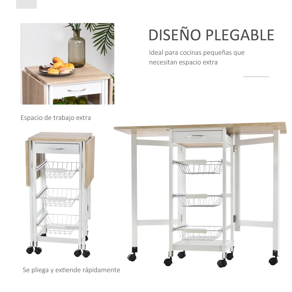 Carrello da cucina pieghevole con cassetto e cestini ¨C zephmum ¨C 97.2x37x77.5 cm bianco e rovere