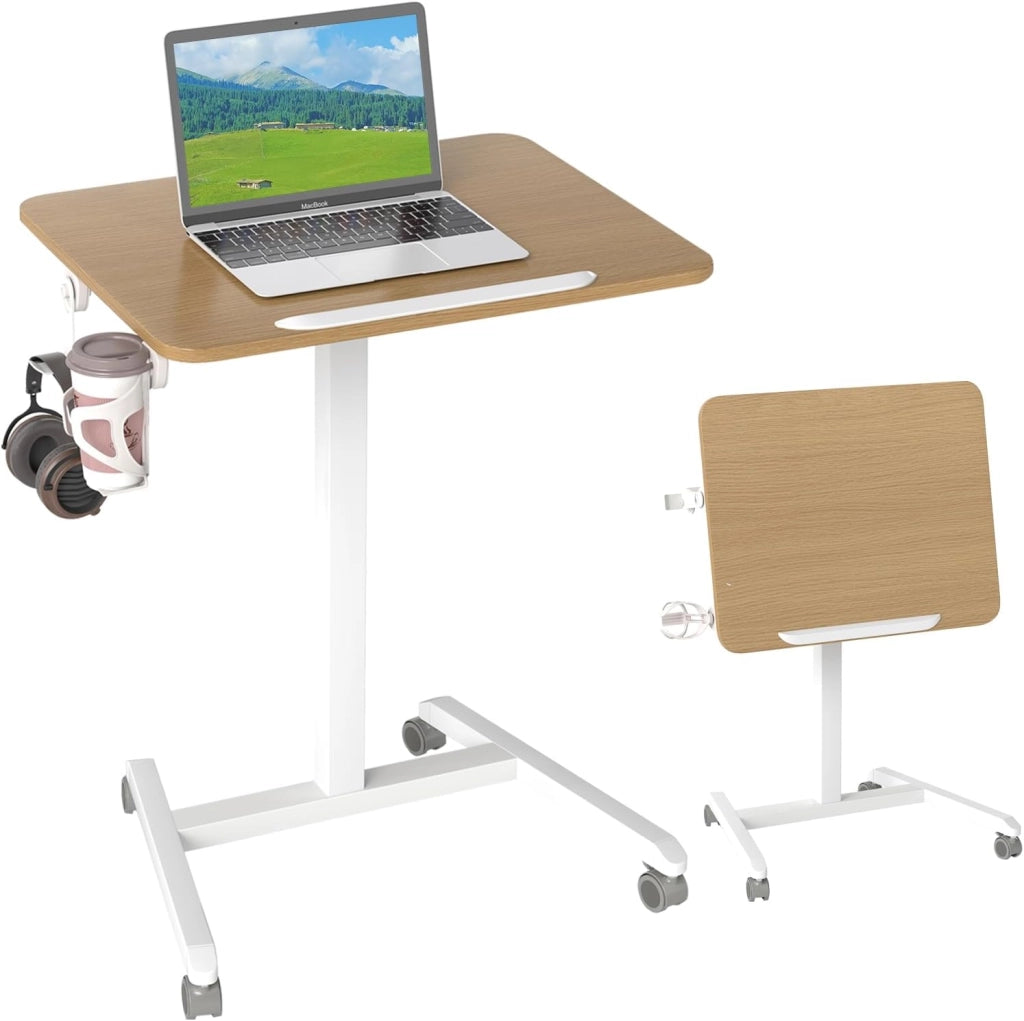 Tavolo Pieghevole per Laptop su Ruote con Piano Inclinabile a 90°, Tavolino Regolabile in Altezza e Portatile con Gancio & Portabicchiere per Divano e Letto