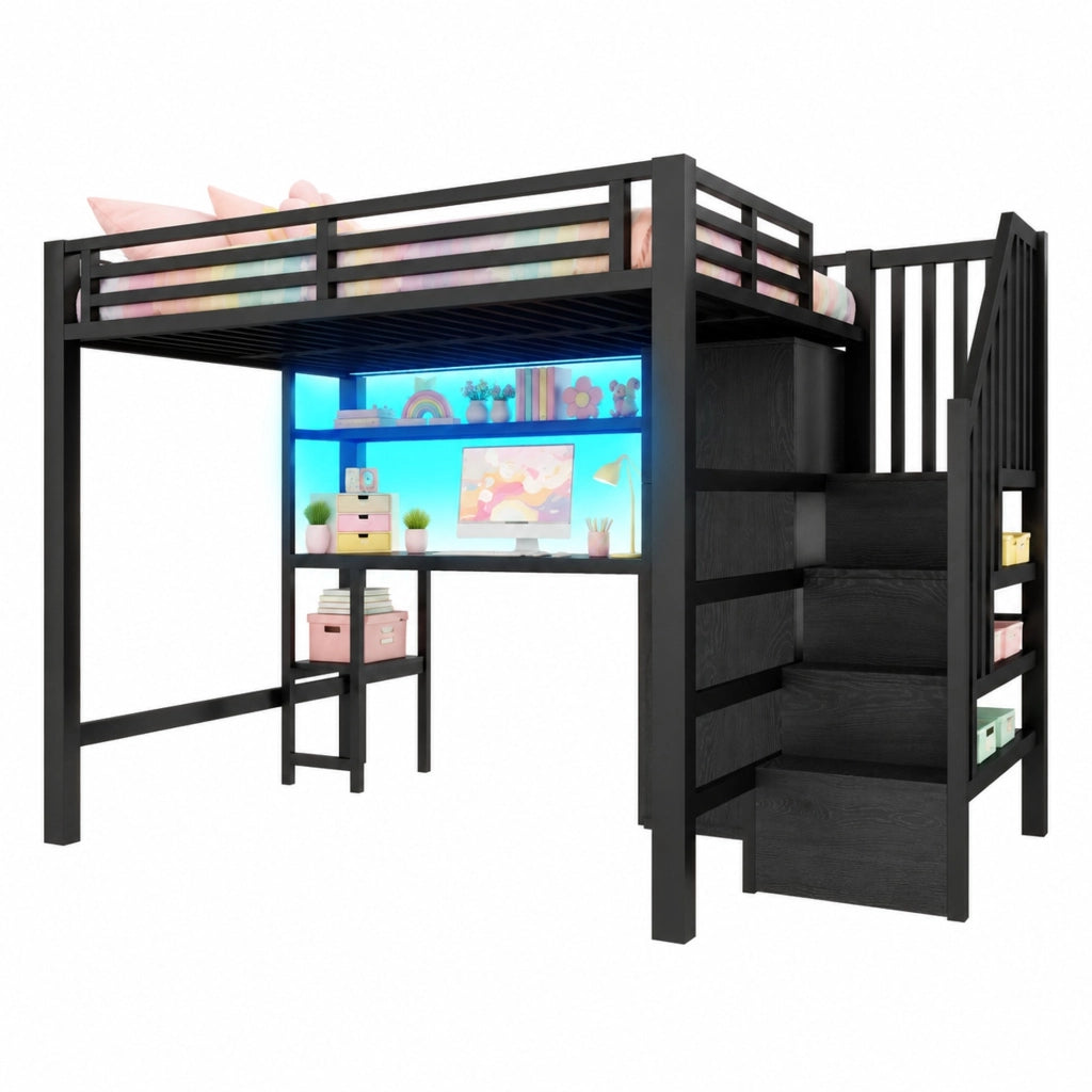 Letto a soppalco 140x200 in metallo con scrivania e armadio