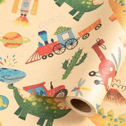 Pacco Regalo Mini Rotolo di Carta Kraft con Disegni a mano di Dinosauri, Balene e Elicotteri per Feste di Compleanno e Matrimoni di Bambini 17 x .